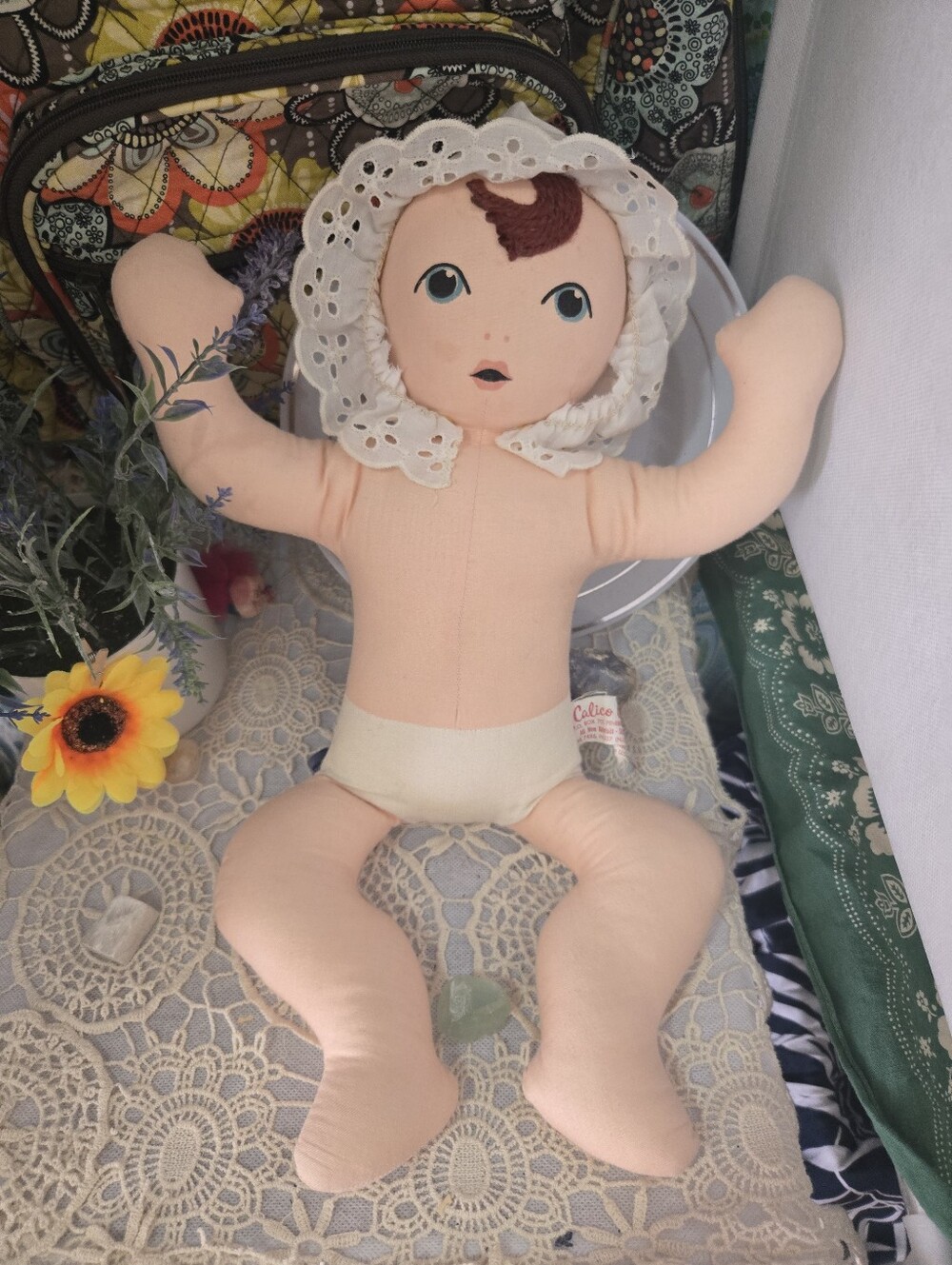 Vintage Calico Critters Cloth Rag Doll Cottagecore Prairie Folk Art Lace Bonnet